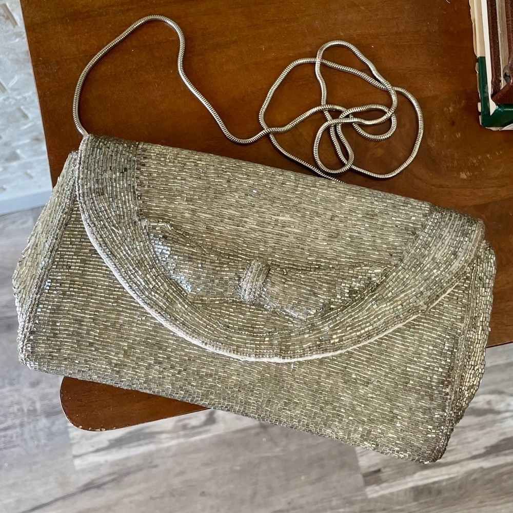 Vintage Sparkly Silver Hand-Beaded Bow Shoulder Bag Evening Purse - Picture 1 of 10